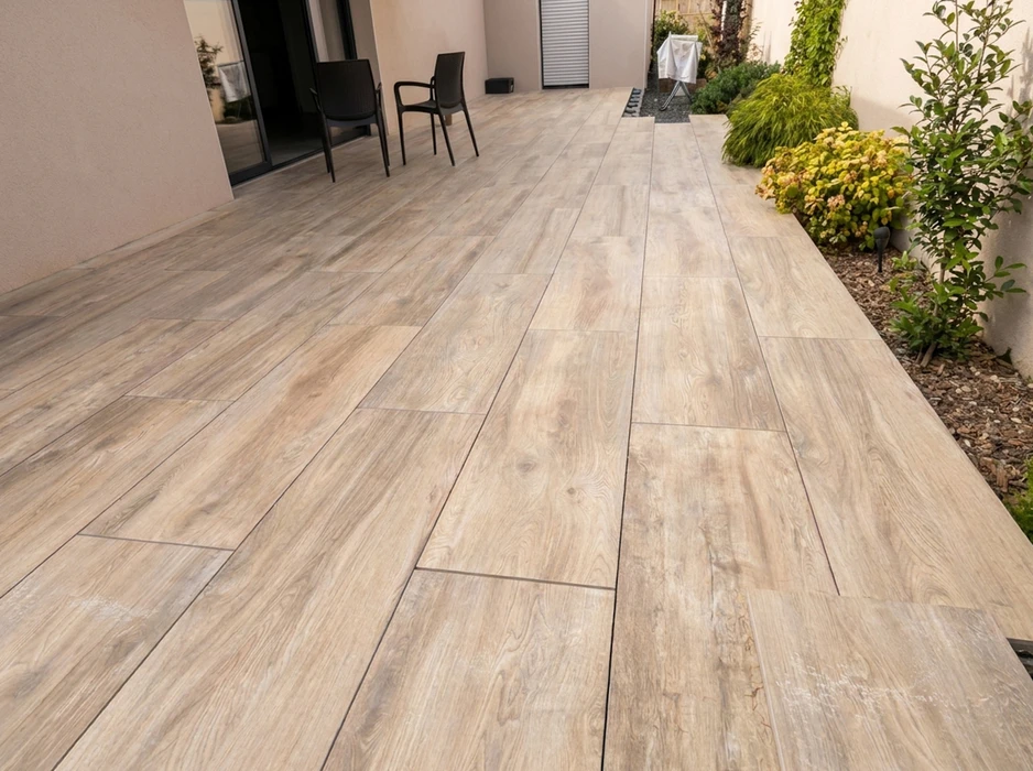 Terrasse extérieure avec carrelage grand format imitation bois, ton beige/taupe, posé en opus romain