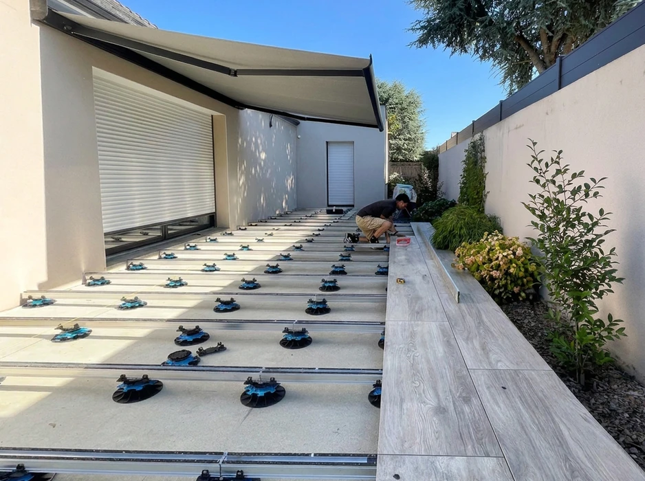 Pose d'une terrasse extérieure sur plots réglables