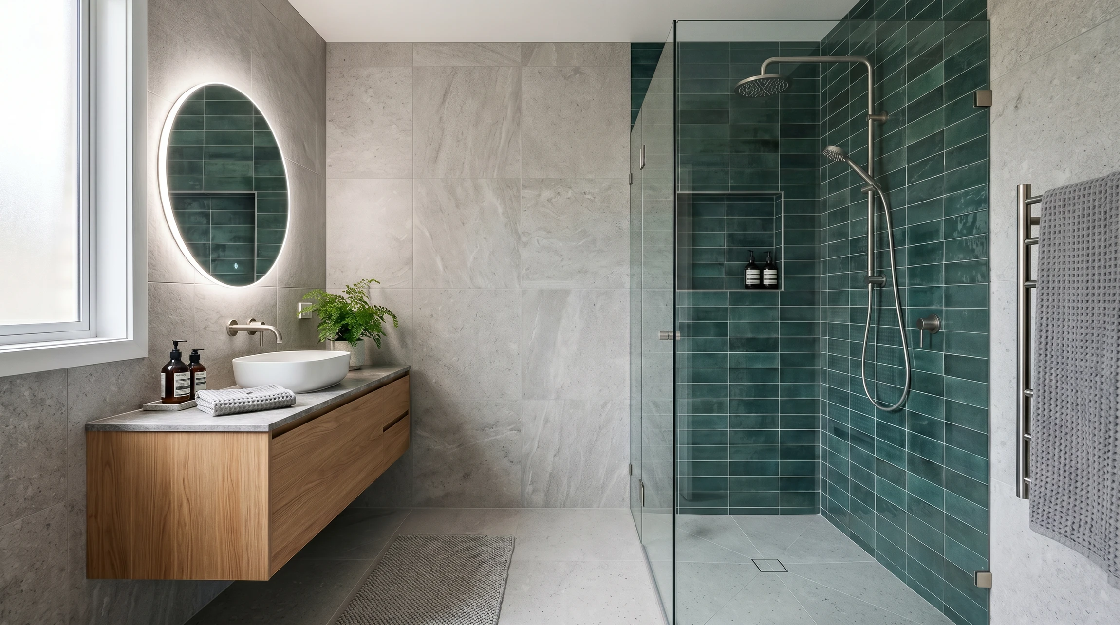 Salle de bain moderne avec douche à l'italienne intégrée au sol carrelé