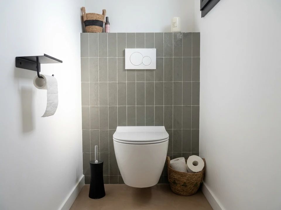 Carreaux de céramique décoratifs disposés en frise horizontale sur fond grisâtre vieilli