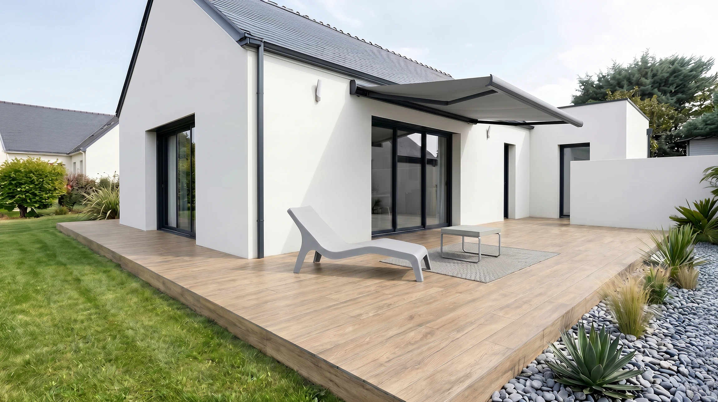 Gros plan sur une terrasse résidentielle extérieure avec carrelage de format moyen à grand posé sur plots de surélévation ajustables. Le carrelage présente une teinte neutre (beige, gris clair ou anthracite) avec finition légèrement texturée pour l'anti-dérapant. Les dalles sont parfaitement alignées, montrant joints réguliers et exécution soignée. Quelques plots visibles sous les dalles, illustrant le système de pose. Environnement résidentiel de maison individuelle, avec coins de jardin ou muret visible en arrière-plan. Prise de vue en perspective légèrement en plongée pour montrer l'ensemble de la surface et la qualité de mise en œuvre.